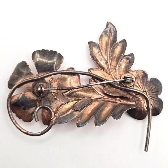 Vintage Sterling Silver Floral Brooch Yellow Rhinestone Vermeil 1940s‎ 50s 17g - Picture 4 of 5